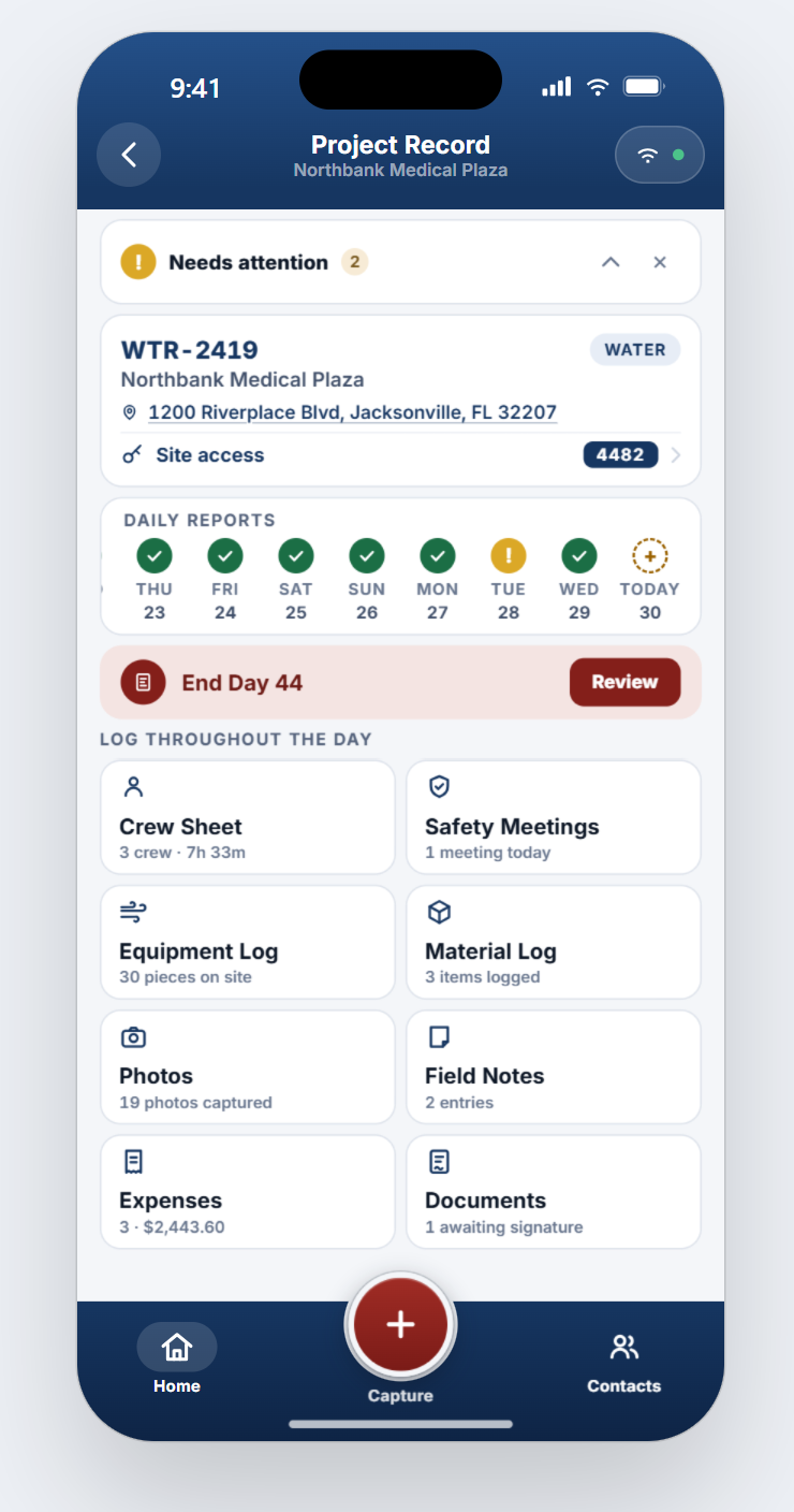 AllyNow Field active Project Record showing daily reports, end-day review, crew, safety, equipment, materials, photos, notes, expenses, and documents