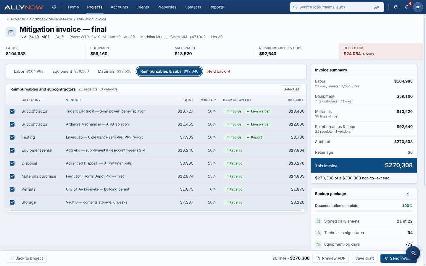 AllyNow invoice preparation showing reimbursables, subcontractors, supporting backup, and invoice summary